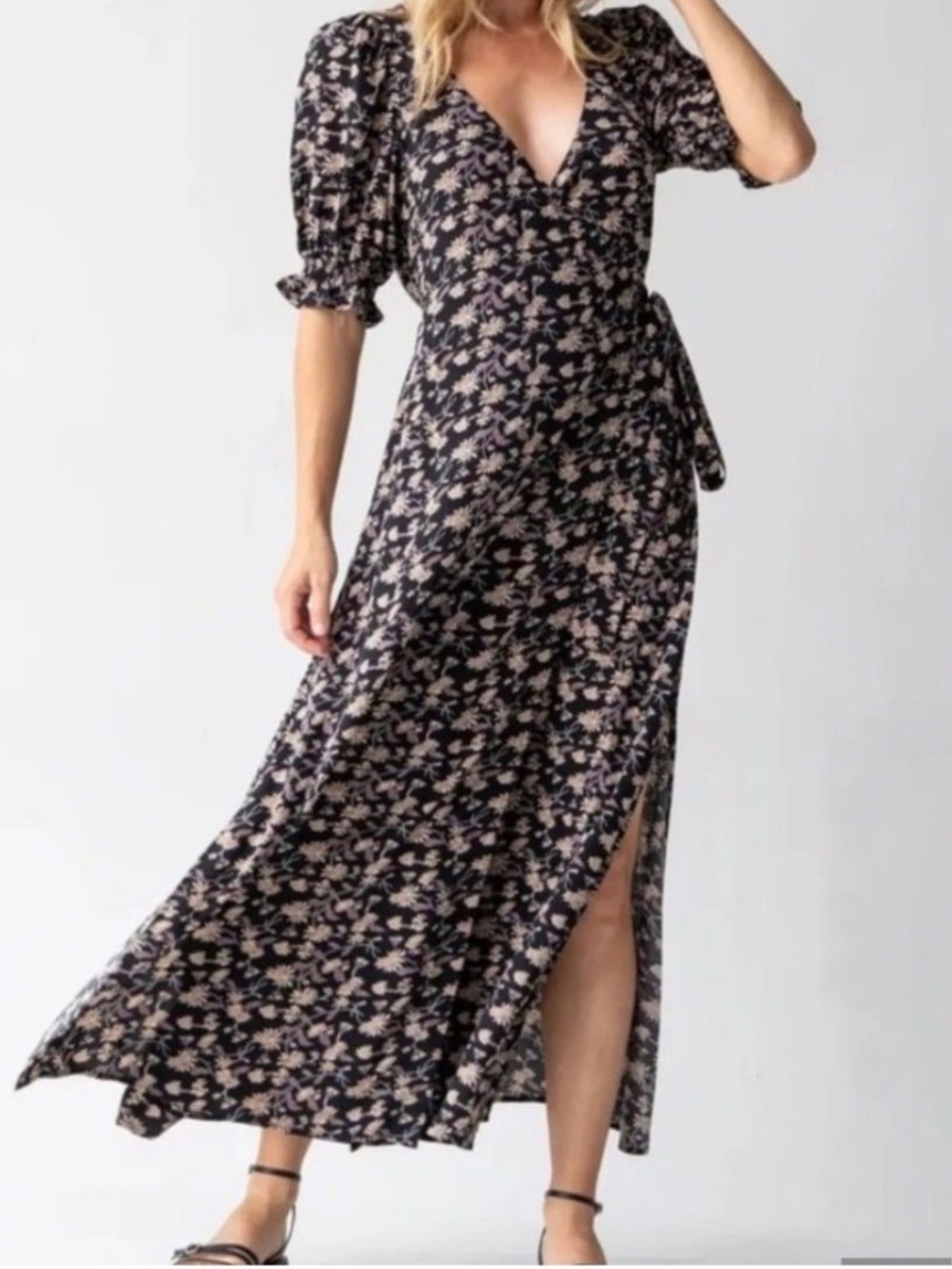 Natural Life Floral Wrap Maxi Dress in Black & Pink Size Large